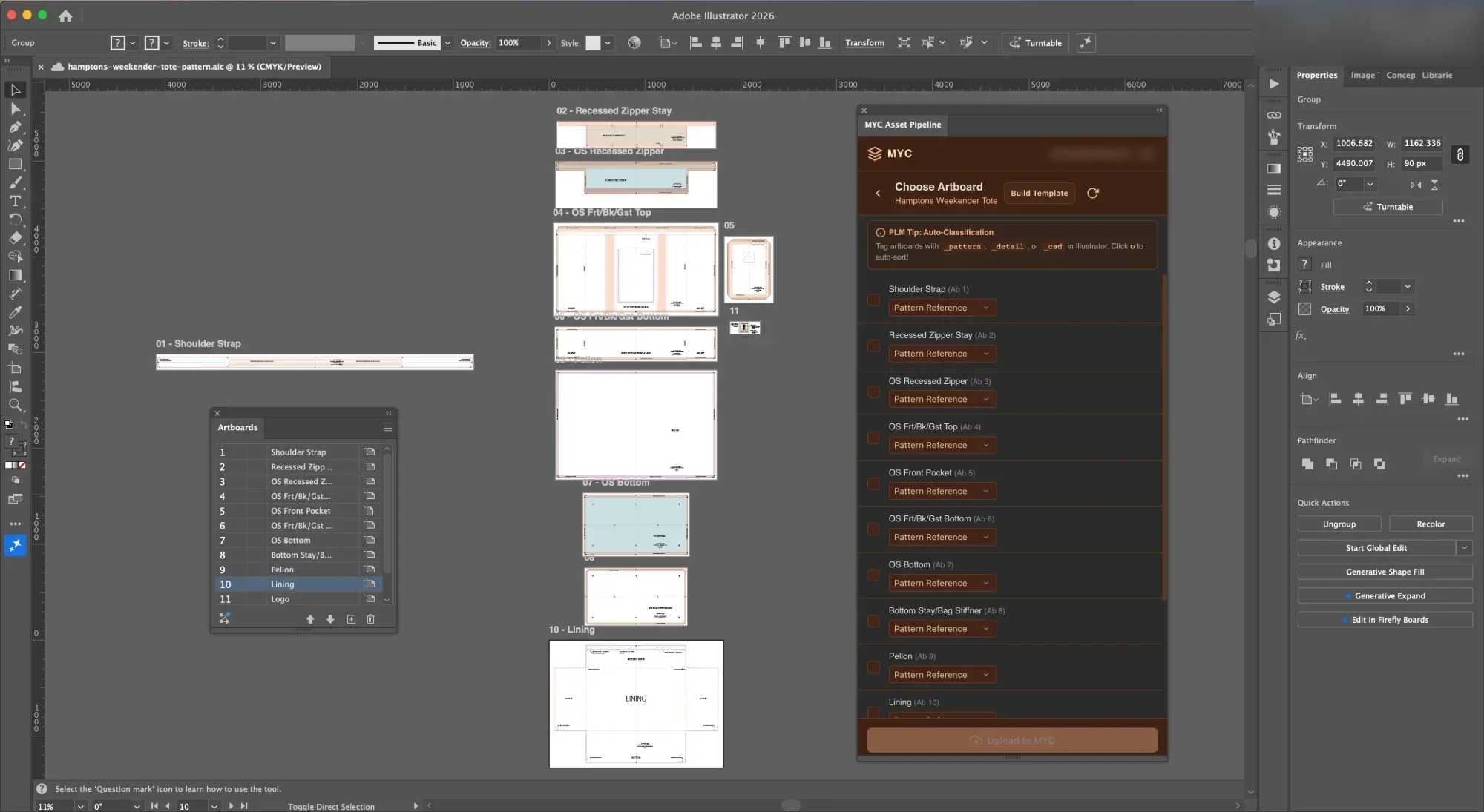 Adobe Illustrator with a tote bag pattern open. The Maker's Yield & Cost panel lists the pattern's artboards, each with a Pattern Reference menu, ready to upload to a product.