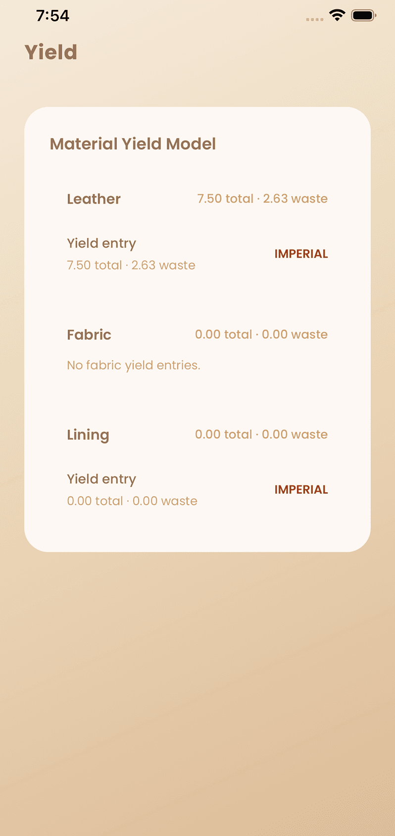 Material yield tracking in the mobile app