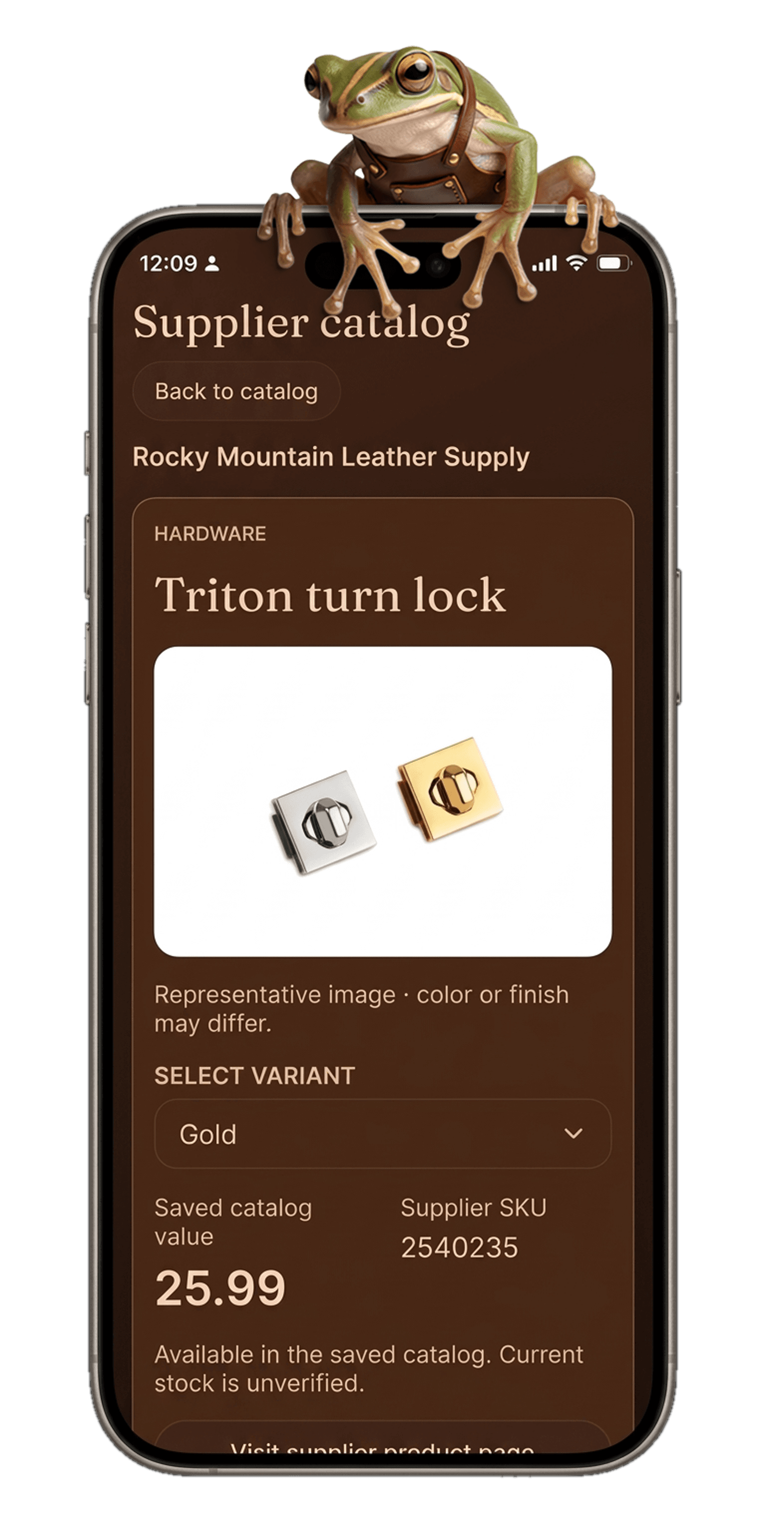 Real MYC mobile catalog sample showing a Rocky Mountain Leather Supply turn lock, variant and supplier link