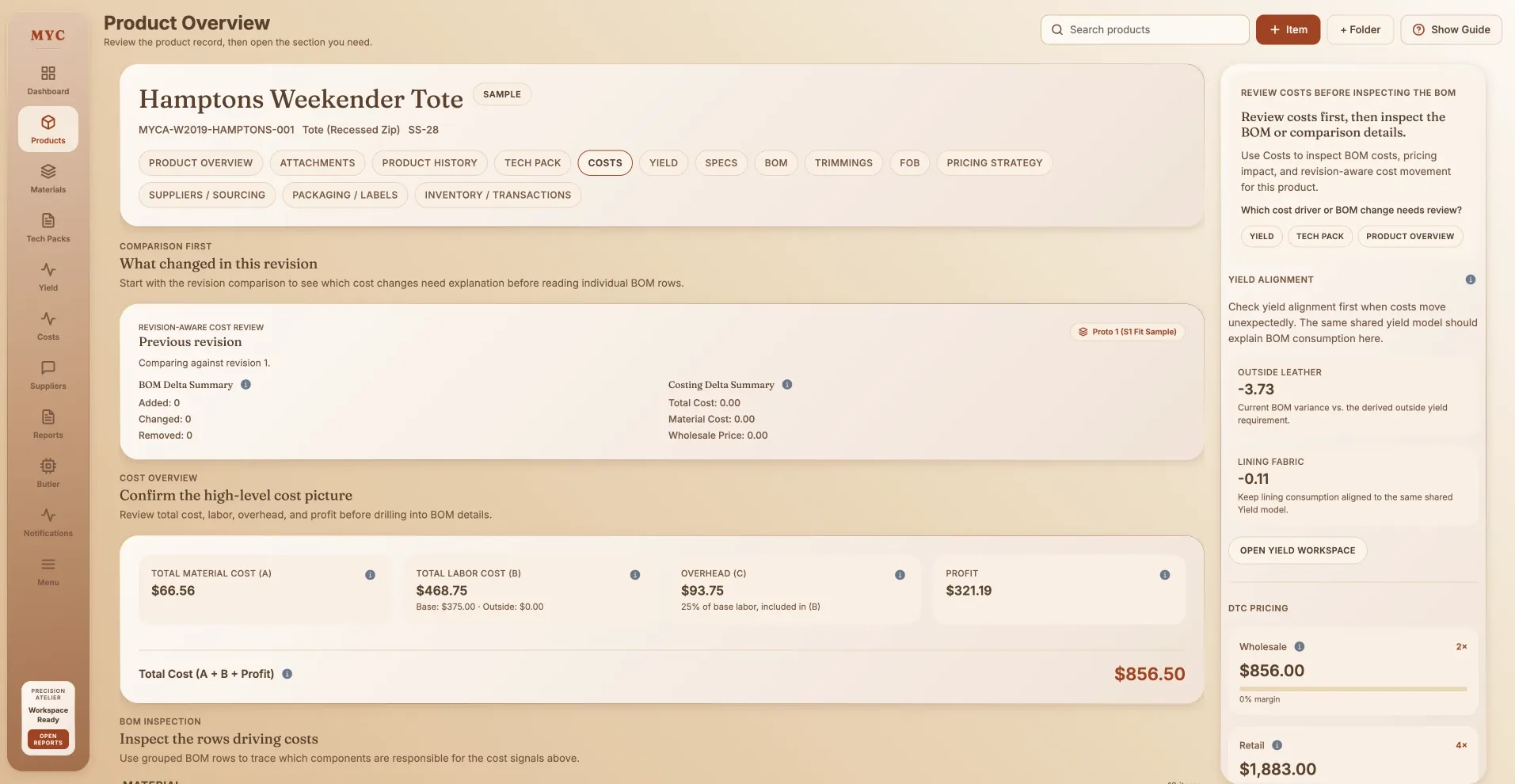 Costs screen for the Hamptons Weekender Tote showing material cost, labor, overhead, profit, and wholesale and retail prices
