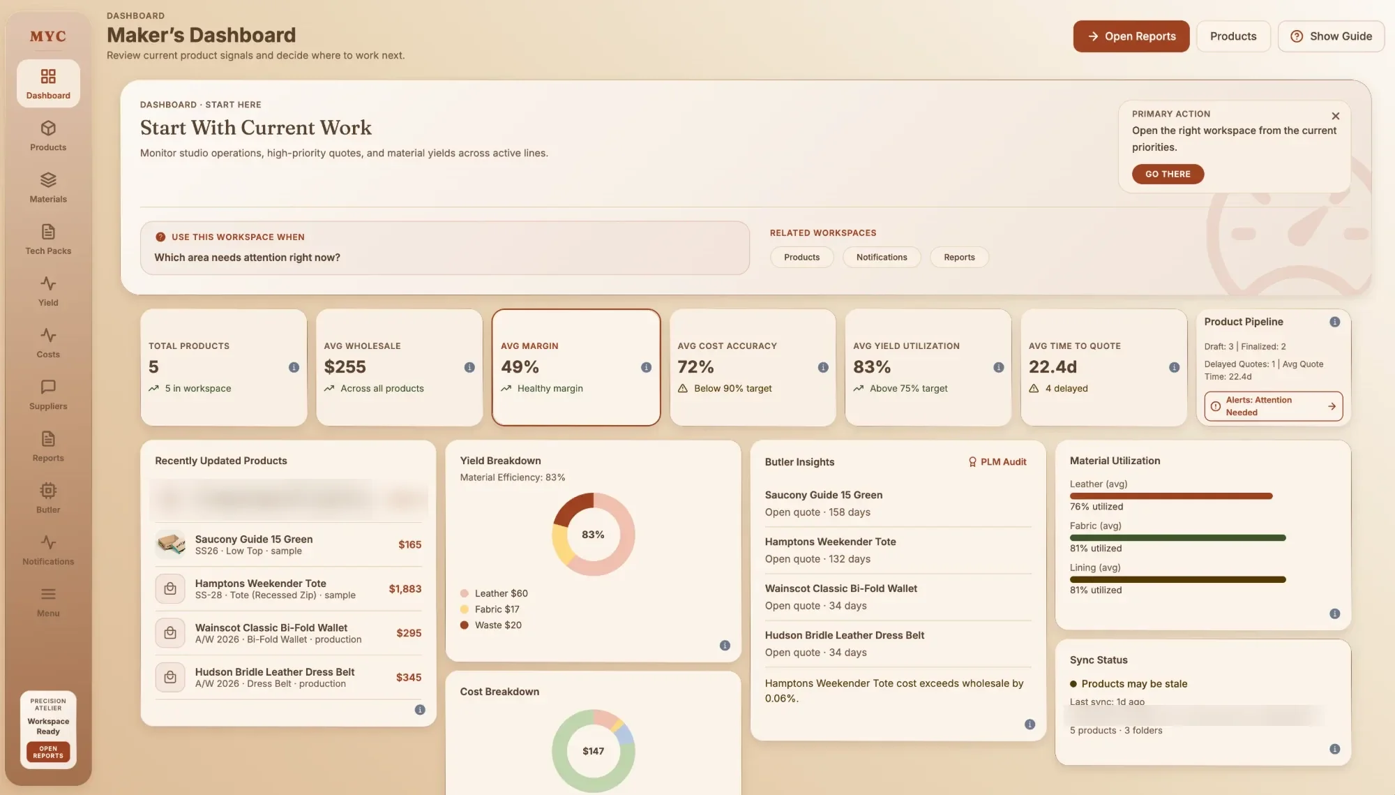 Maker's Yield & Cost dashboard with margin, yield and cost figures, recently updated products, and Butler insights